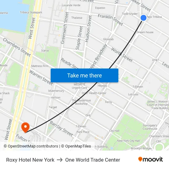 Roxy Hotel New York to One World Trade Center map