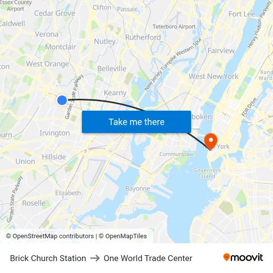 Brick Church Station to One World Trade Center map
