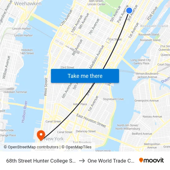 68th Street Hunter College Station to One World Trade Center map