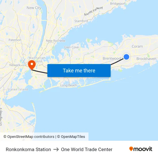 Ronkonkoma Station to One World Trade Center map