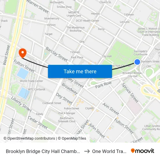 Brooklyn Bridge City Hall Chambers Street Station to One World Trade Center map