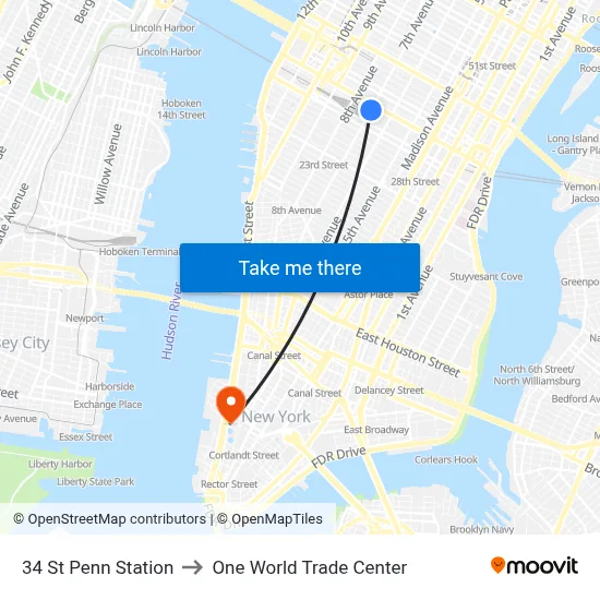 34 St Penn Station to One World Trade Center map
