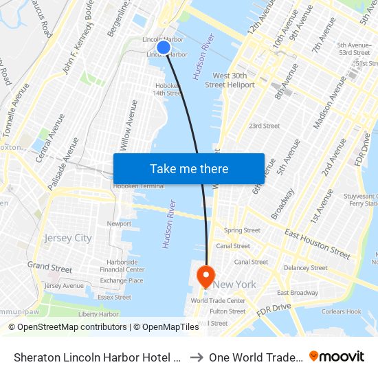 Sheraton Lincoln Harbor Hotel Weehawken to One World Trade Center map