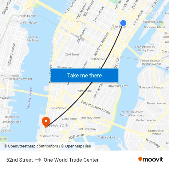 52nd Street to One World Trade Center map