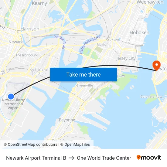 Newark Airport Terminal B to One World Trade Center map