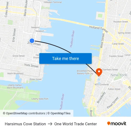 Harsimus Cove Station to One World Trade Center map