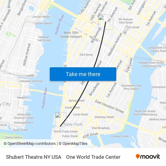 Shubert Theatre NY USA to One World Trade Center map