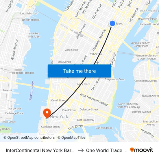 InterContinental New York Barclay Hotel to One World Trade Center map