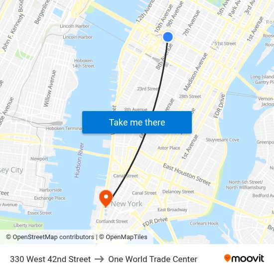 330 West 42nd Street to One World Trade Center map