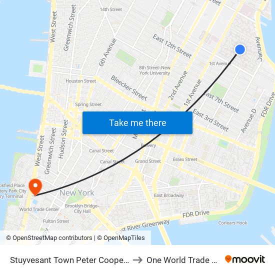 Stuyvesant Town Peter Cooper Village to One World Trade Center map