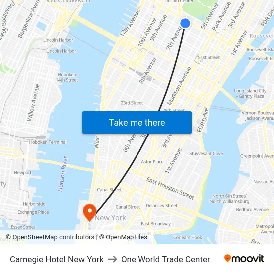 Carnegie Hotel New York to One World Trade Center map