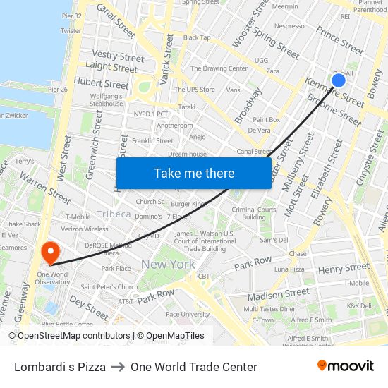 Lombardi s Pizza to One World Trade Center map