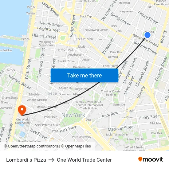 Lombardi s Pizza to One World Trade Center map