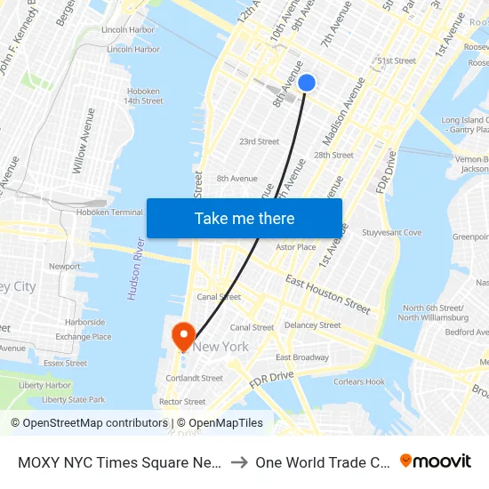 MOXY NYC Times Square New York to One World Trade Center map