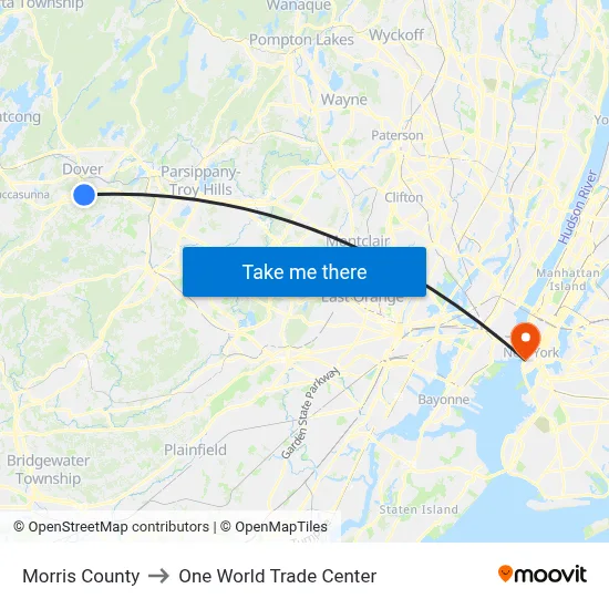 Morris County to One World Trade Center map