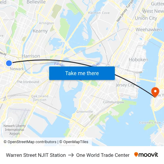 Warren Street NJIT Station to One World Trade Center map
