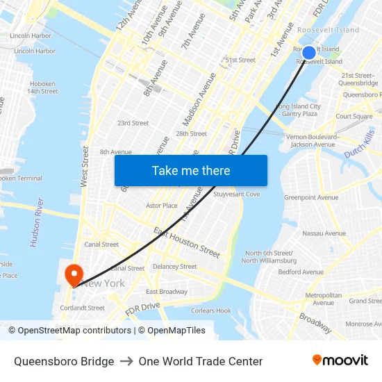 Queensboro Bridge to One World Trade Center map