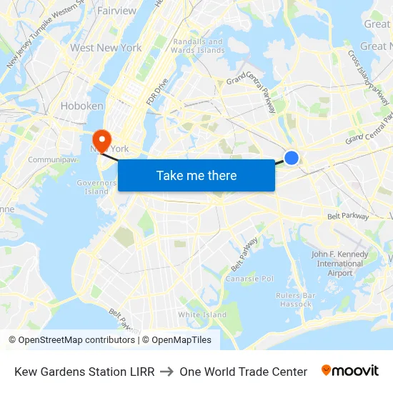 Kew Gardens Station LIRR to One World Trade Center map