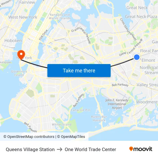 Queens Village Station to One World Trade Center map