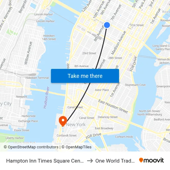 Hampton Inn Times Square Central New York to One World Trade Center map