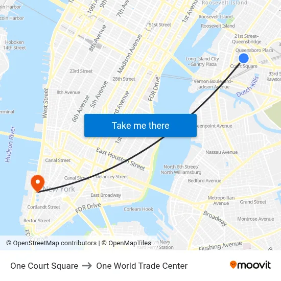 One Court Square to One World Trade Center map
