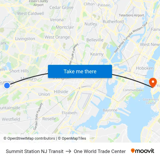 Summit Station NJ Transit to One World Trade Center map
