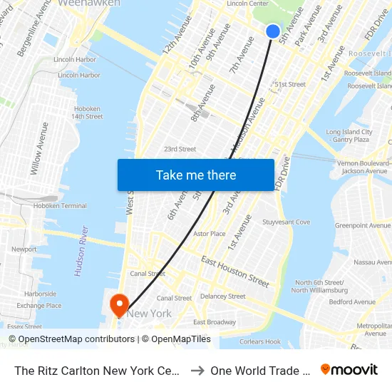 The Ritz Carlton New York Central Park to One World Trade Center map