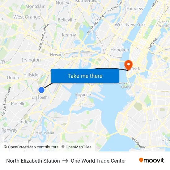 North Elizabeth Station to One World Trade Center map