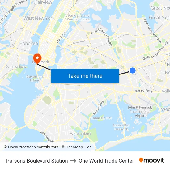 Parsons Boulevard Station to One World Trade Center map