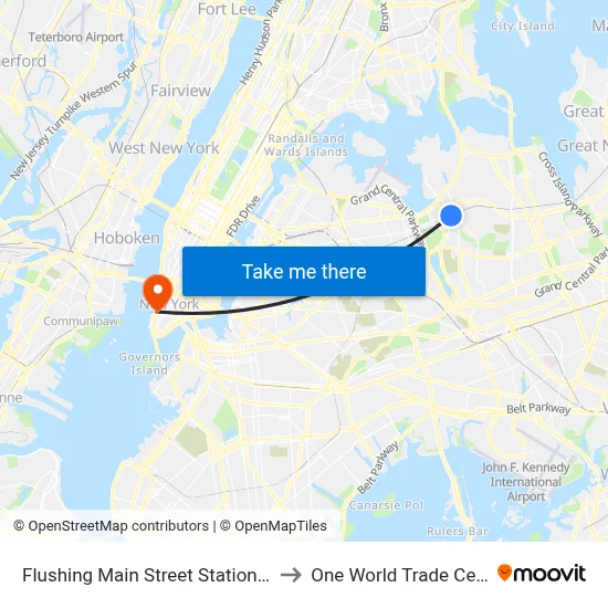 Flushing Main Street Station LIRR to One World Trade Center map