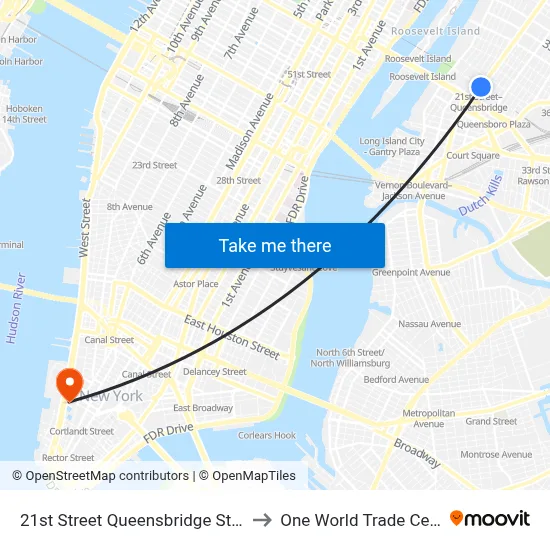 21st Street Queensbridge Station to One World Trade Center map