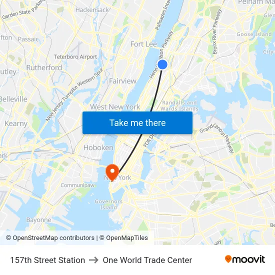 157th Street Station to One World Trade Center map