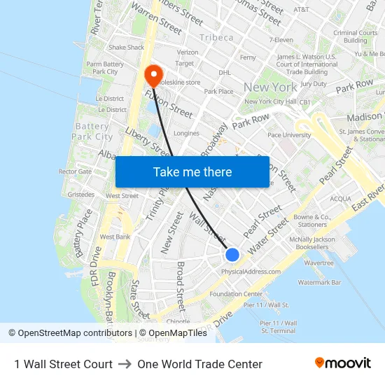 1 Wall Street Court to One World Trade Center map