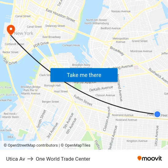 Utica Av to One World Trade Center map