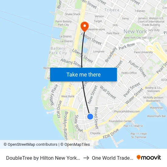 DoubleTree by Hilton New York Downtown to One World Trade Center map