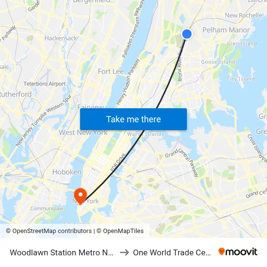 Woodlawn Station Metro North to One World Trade Center map