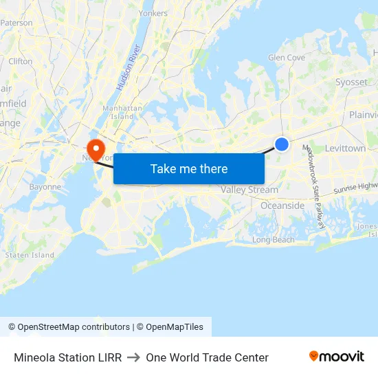 Mineola Station LIRR to One World Trade Center map