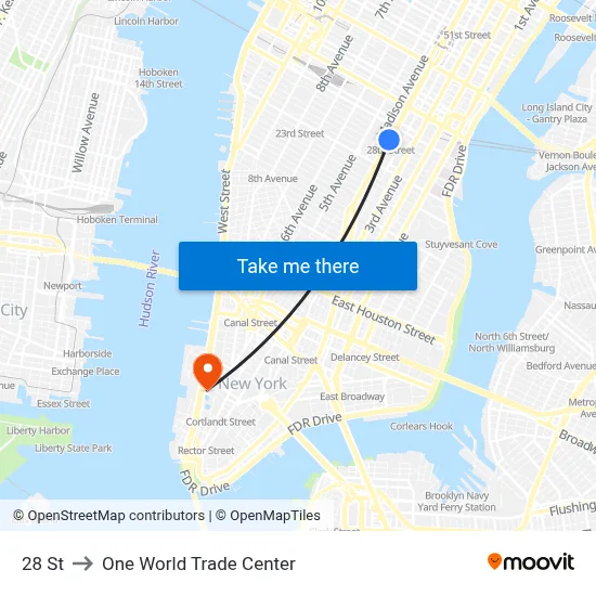 28 St to One World Trade Center map