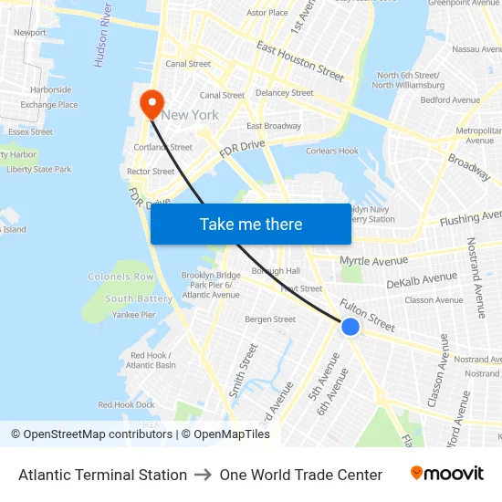 Atlantic Terminal Station to One World Trade Center map