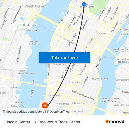 Lincoln Center to One World Trade Center map