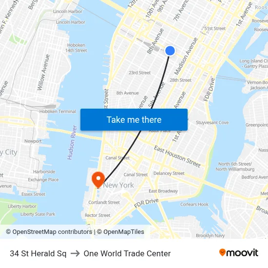 34 St Herald Sq to One World Trade Center map