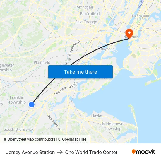 Jersey Avenue Station to One World Trade Center map