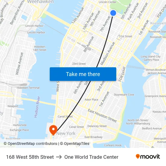 168 West 58th Street to One World Trade Center map