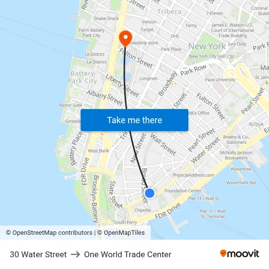 30 Water Street to One World Trade Center map