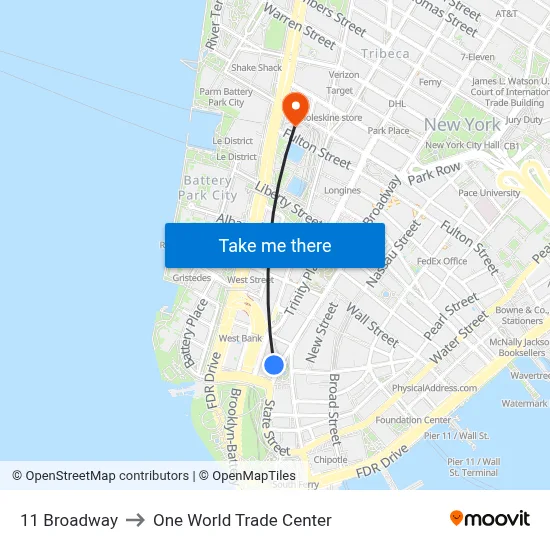 11 Broadway to One World Trade Center map