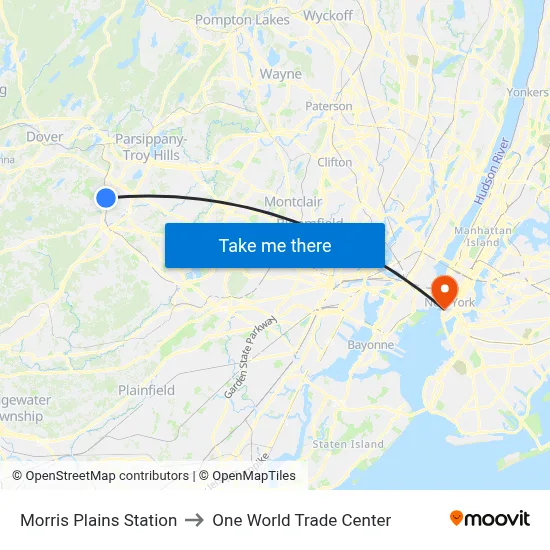 Morris Plains Station to One World Trade Center map