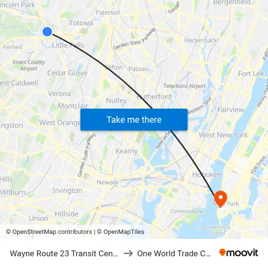 Wayne Route 23 Transit Center Rr to One World Trade Center map
