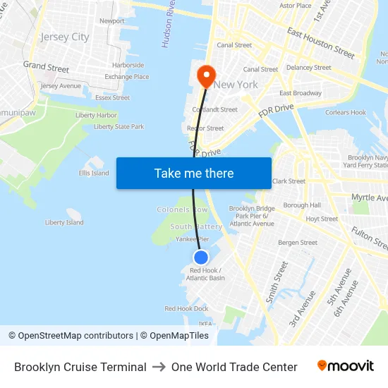 Brooklyn Cruise Terminal to One World Trade Center map