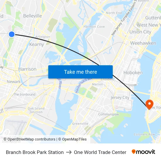 Branch Brook Park Station to One World Trade Center map