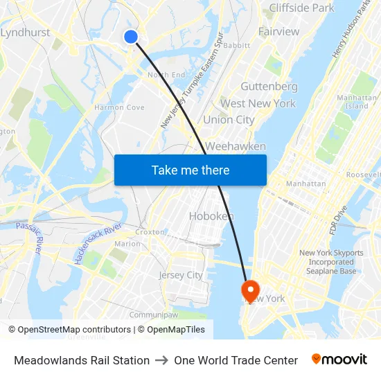 Meadowlands Rail Station to One World Trade Center map